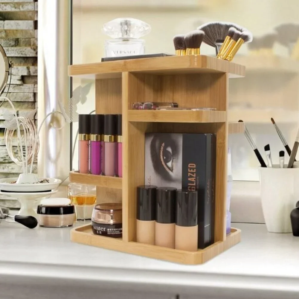New 360° Bamboo Makeup Organizer, Rotating Cosmetic Storage for Vanity